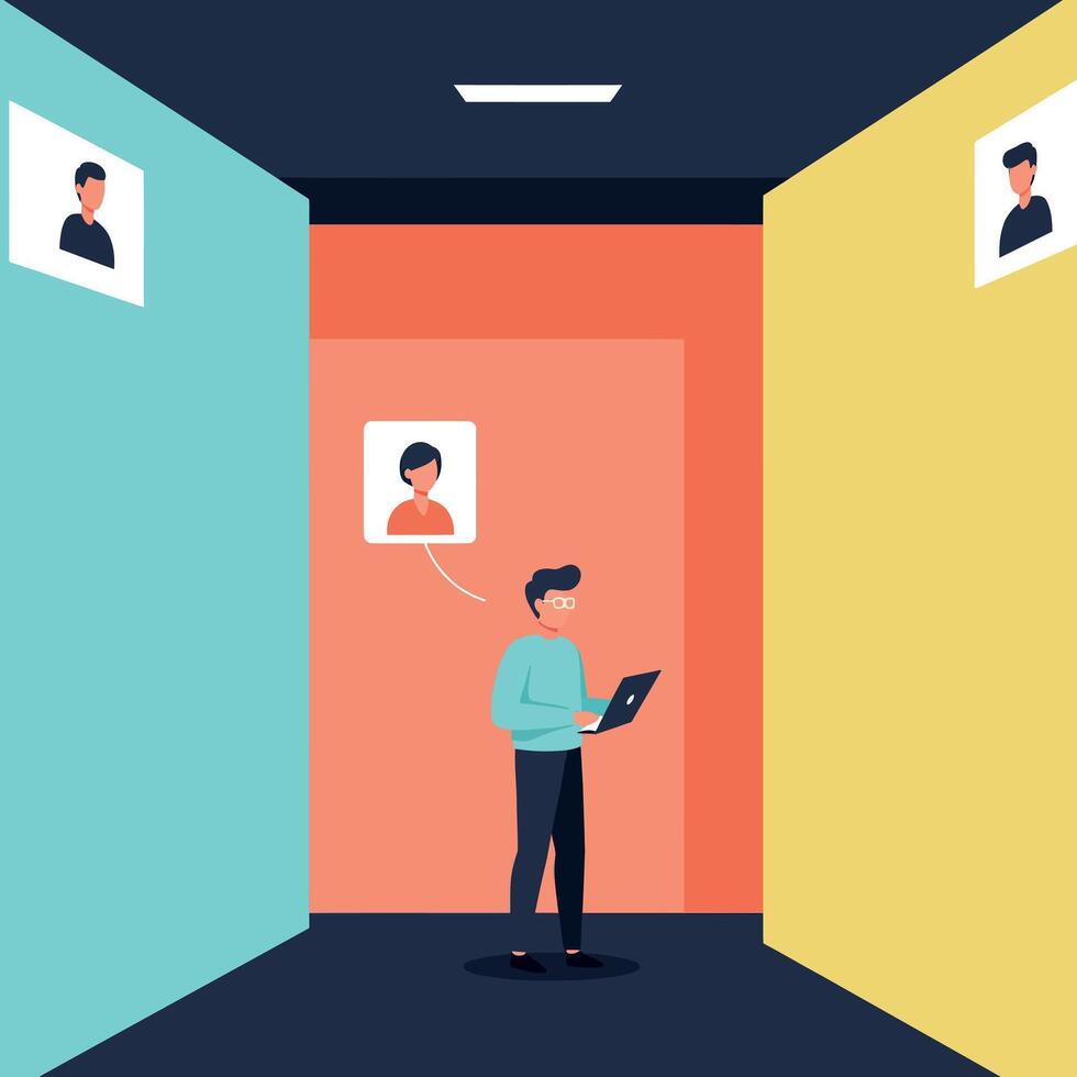 Man using laptop in colorful room with floating profile icons flat digital illustration vector