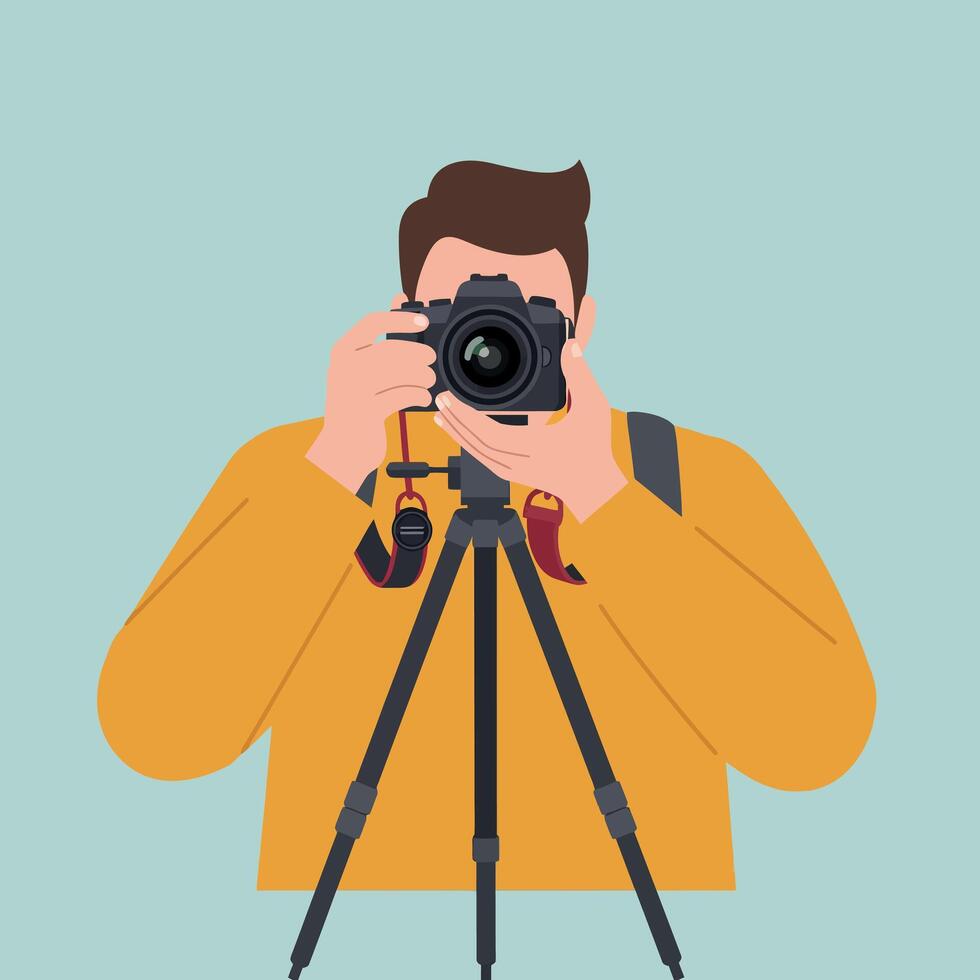 Photographer using camera on tripod illustration with blue background and orange sweater vector