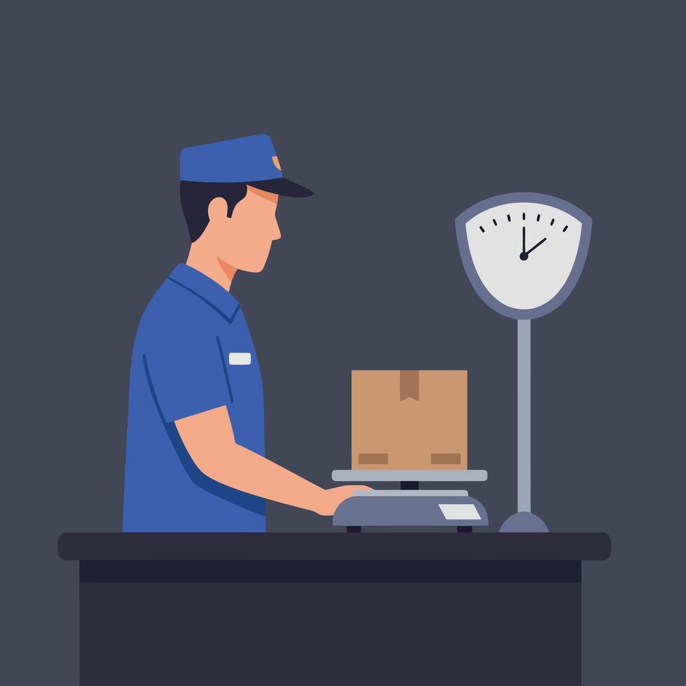 Delivery worker weighing package on scale in blue uniform illustration vector