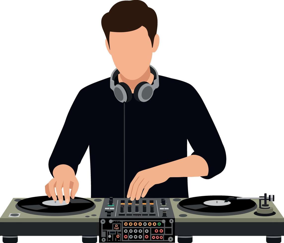 Male DJ Playing Vinyl Records on Turntables with Headphones Illustration vector