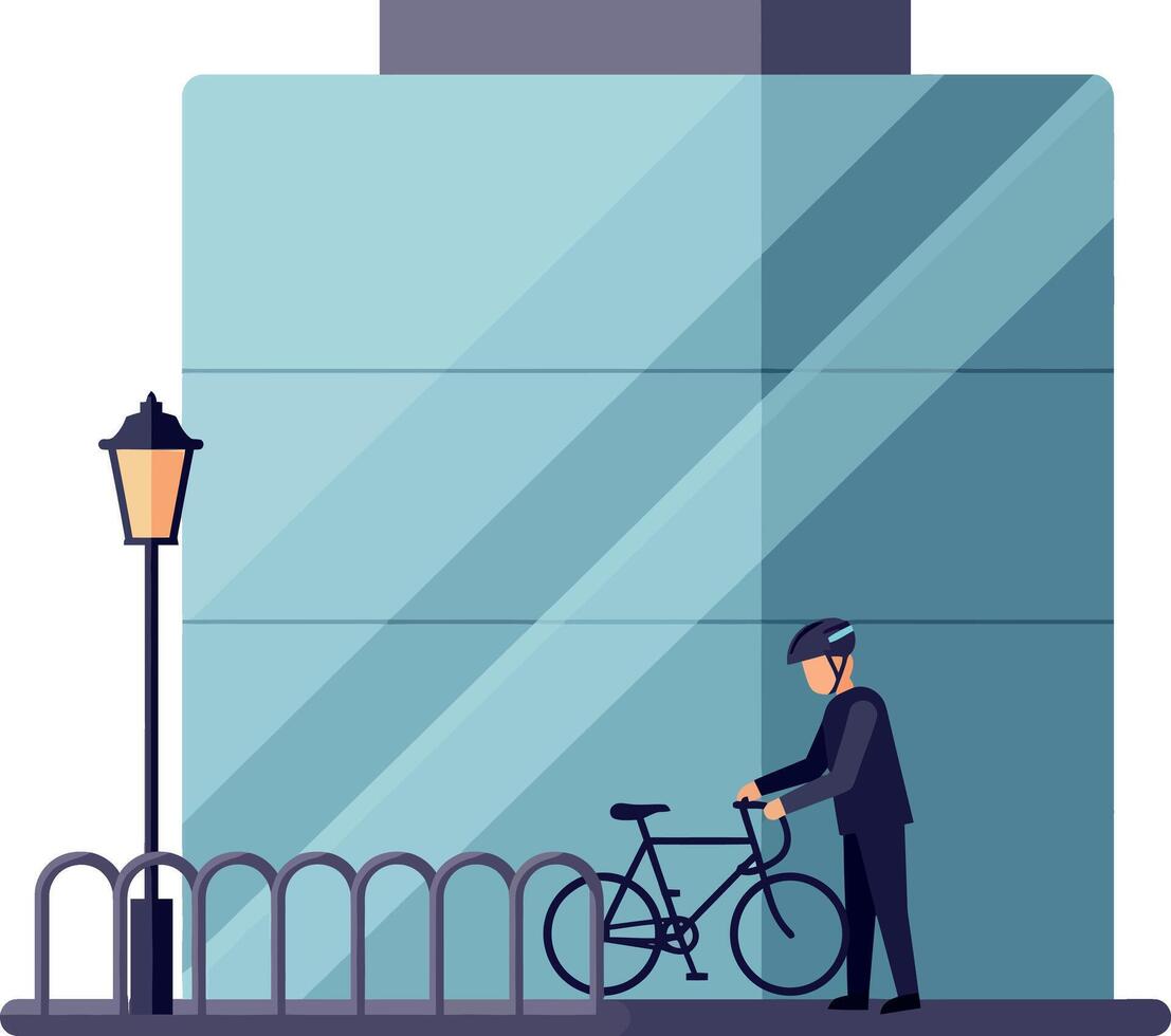 A cyclist in a helmet parking a bicycle near a modern building in flat art vector