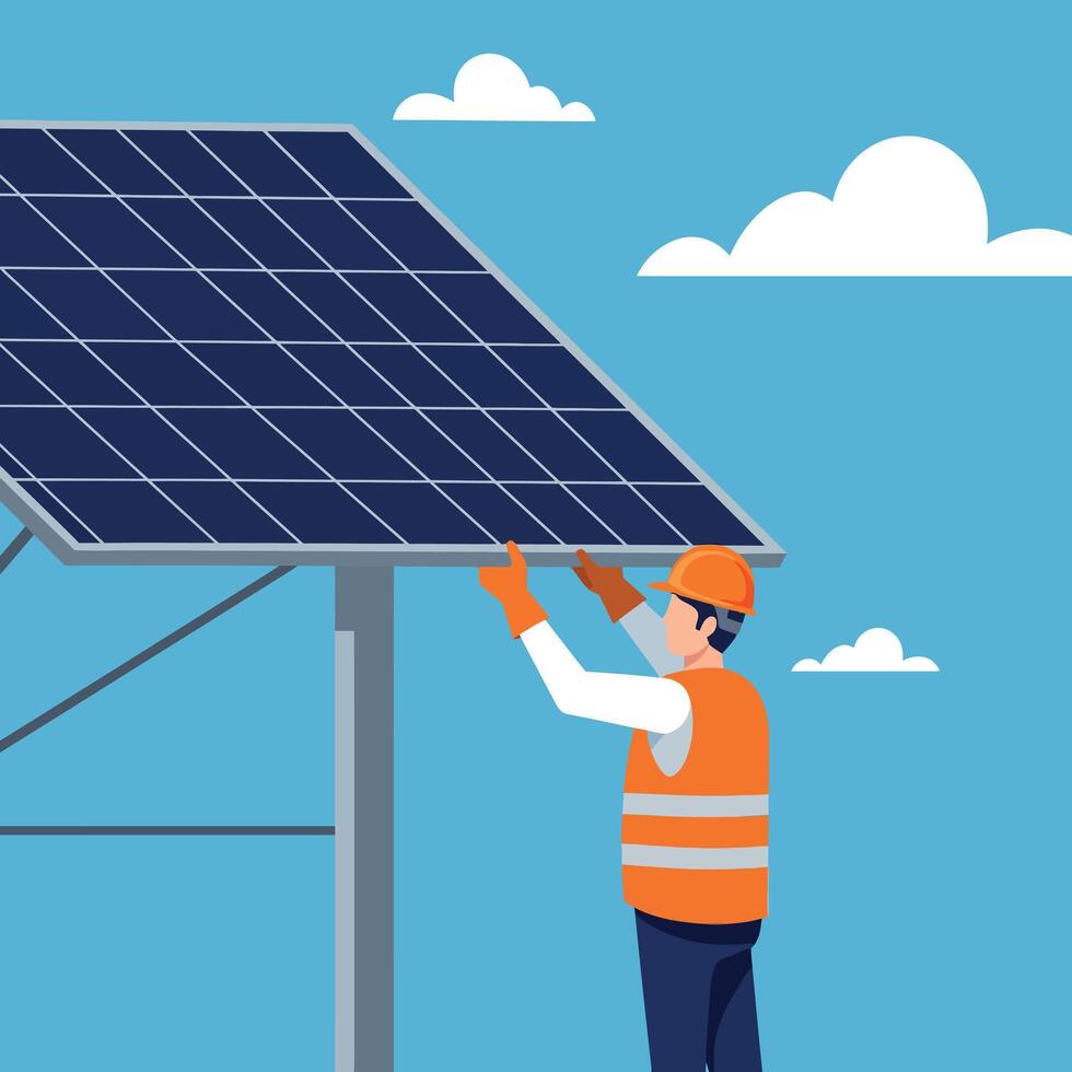 Solar panel technician installing renewable energy system under blue sky illustration vector