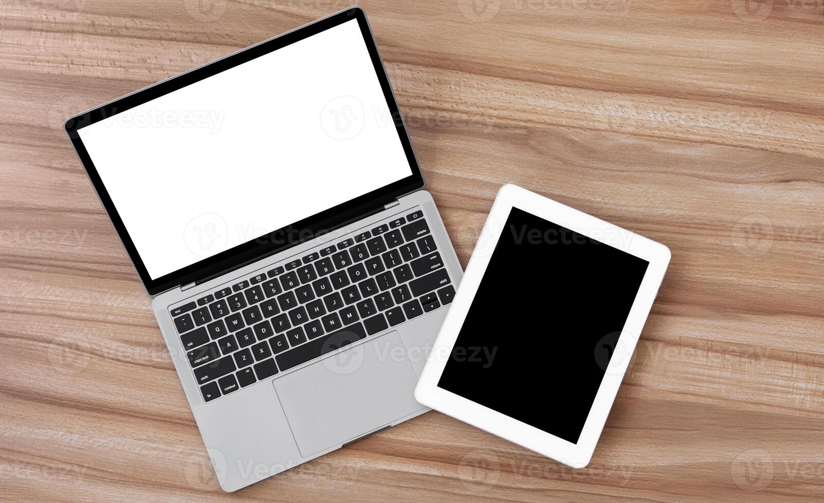 Set of modern technology devices template for responsive design presentation. Mock up of laptop, phone and tablet photo