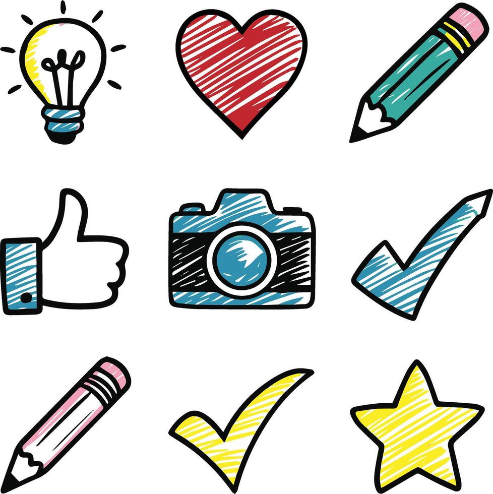 Hand Drawing Style Design Elements Clipart Set Pencil, Star, Check Mark, Camera, Heart, Bulb vector