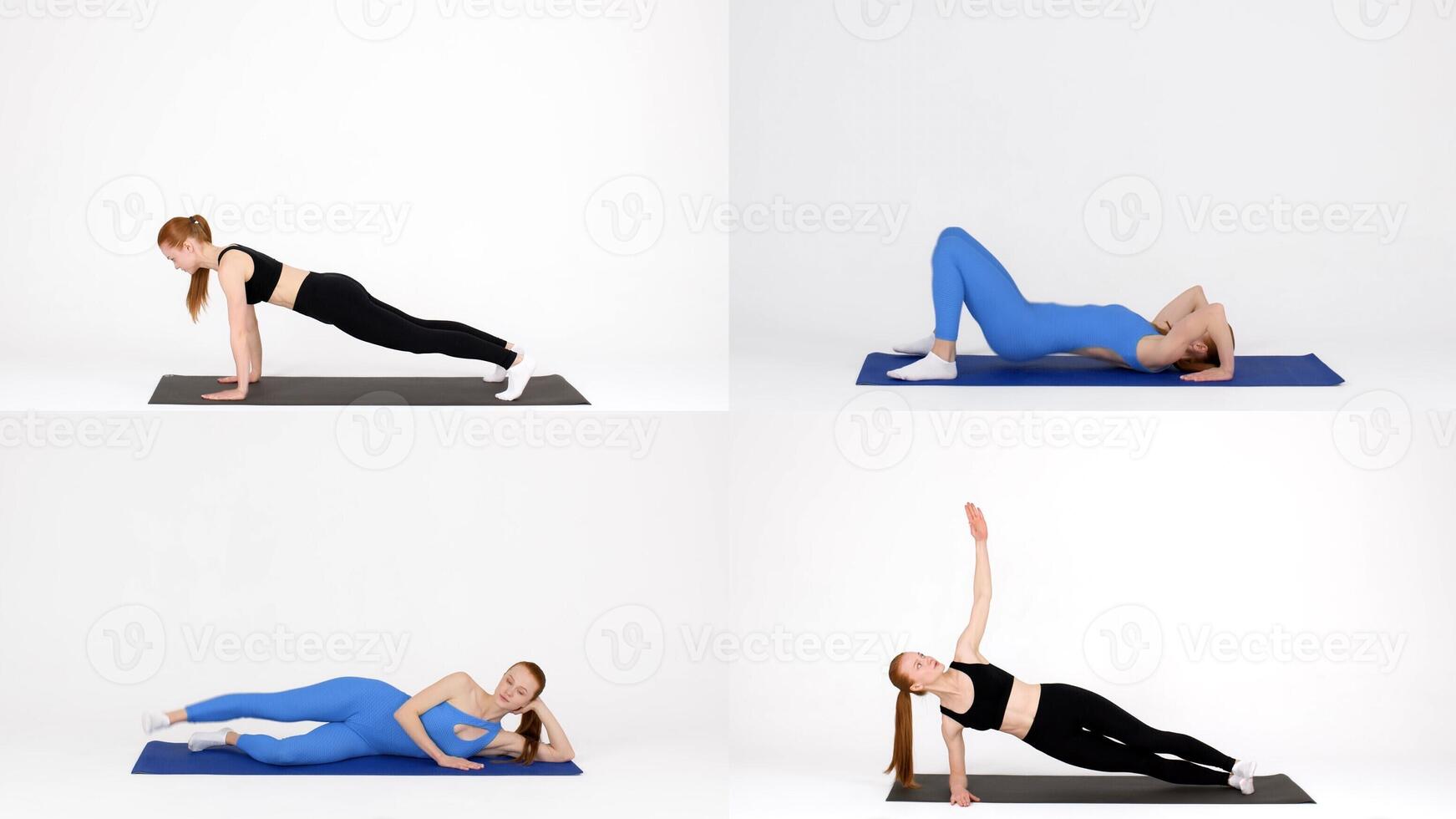 A collection of athletic individuals performing different exercises on yoga mats in a well-lit studio. The focus is on strength training and core workouts showcasing fitness techniques. photo