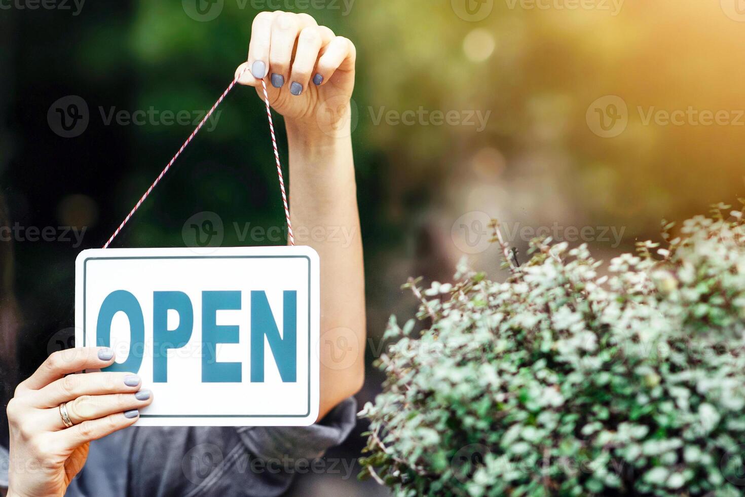 Opening small business after covid-19 pandemic and positive human emotions. Smiling young beautiful lady in apron turns sign with inscription is open, on glass door in flower studio with plants photo