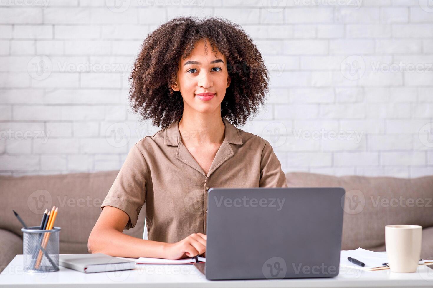 Remote work, study or hobby while self-isolating at home during COVID-19 epidemic. Friendly african american woman sitting at table with laptop and looking at camera in living room interior photo