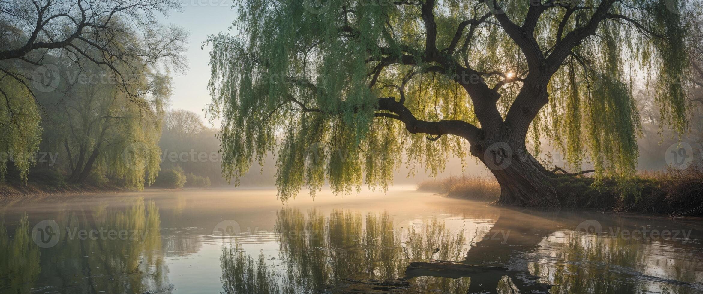A willow tree is standing in the water with fog photo