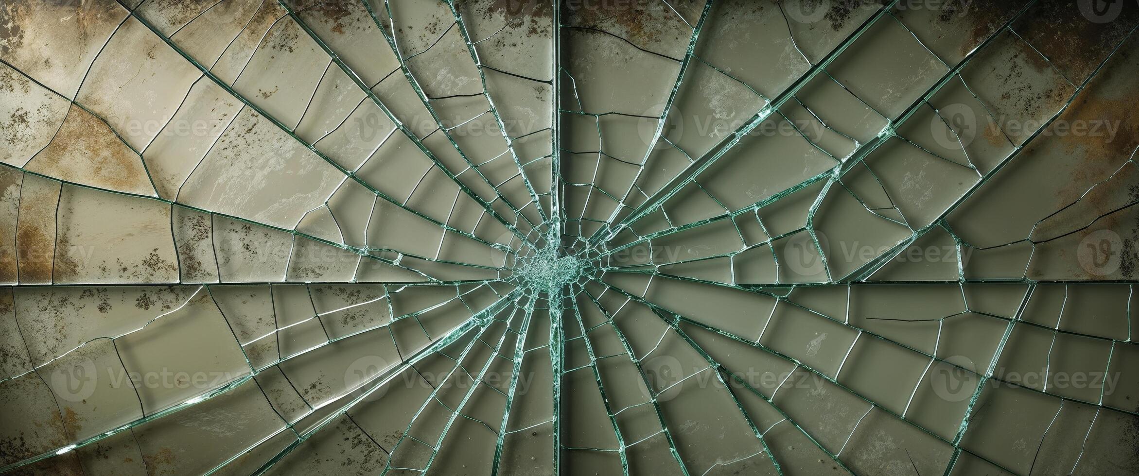 Broken glass on a wall with a green background photo