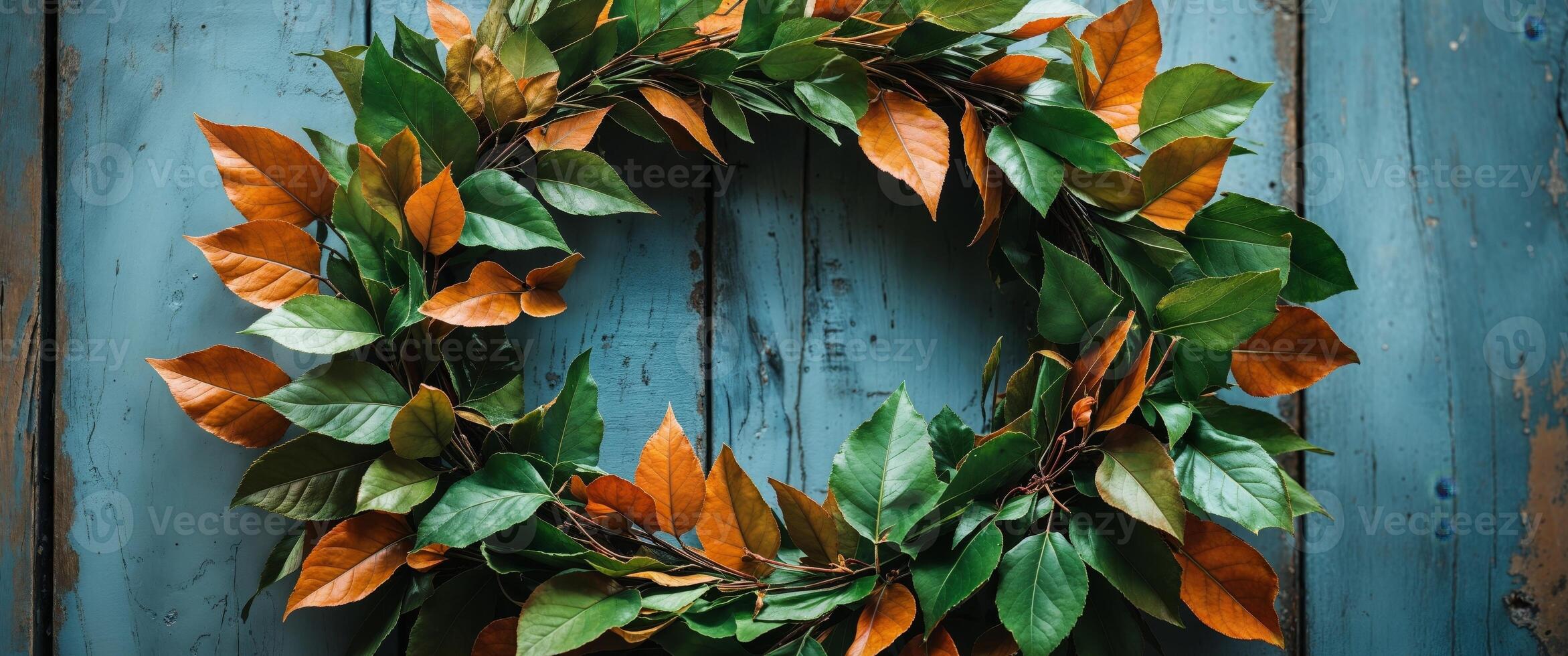 A wreath with orange and green leaves on a blue wall photo