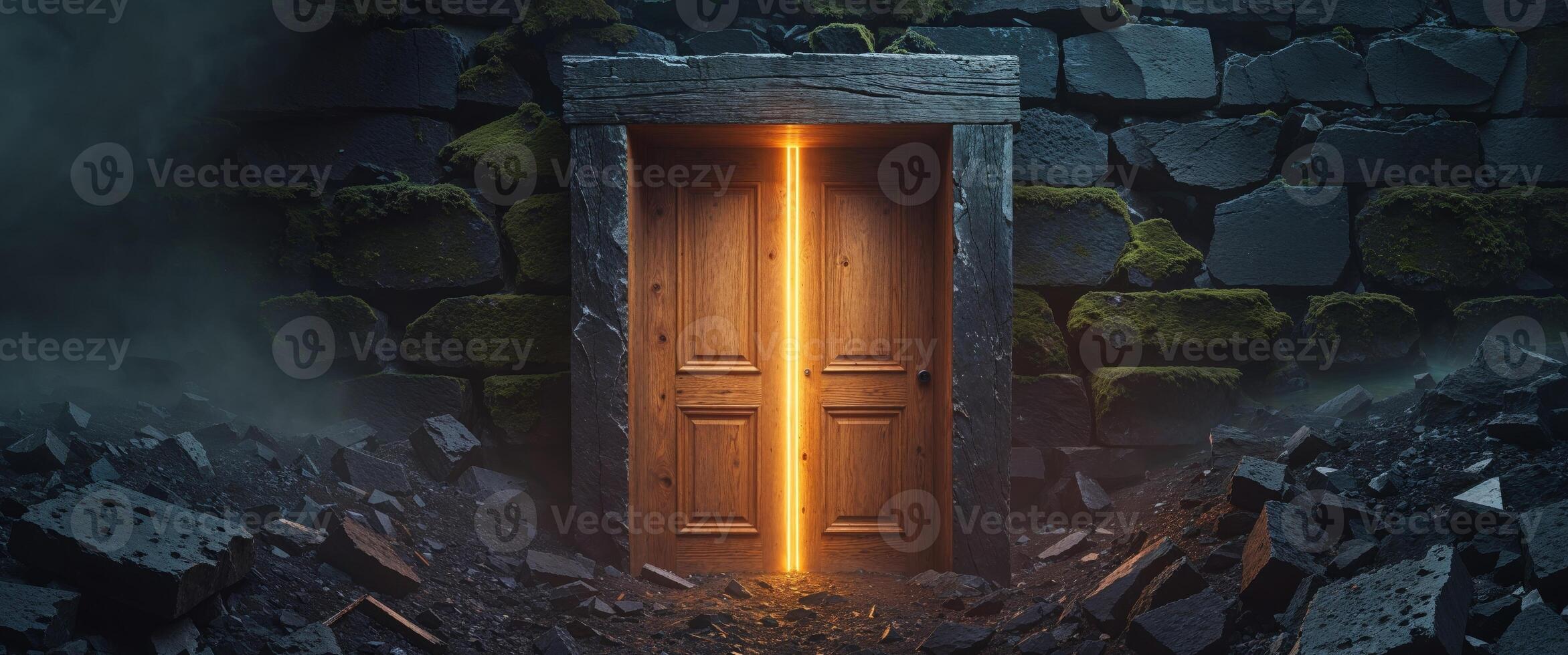 An open door in a dark room with a light coming through it photo