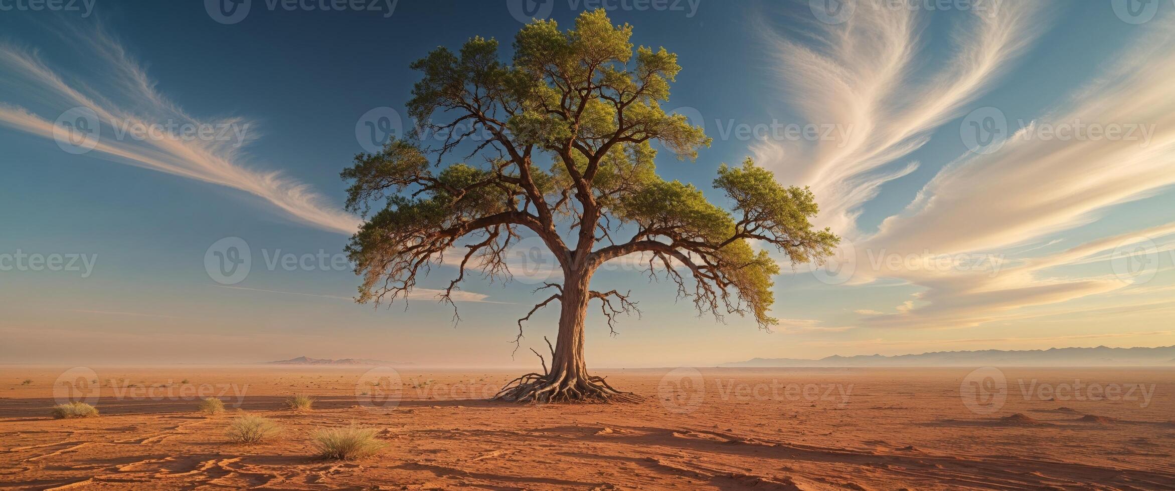 A lone tree in the desert with clouds in the sky photo