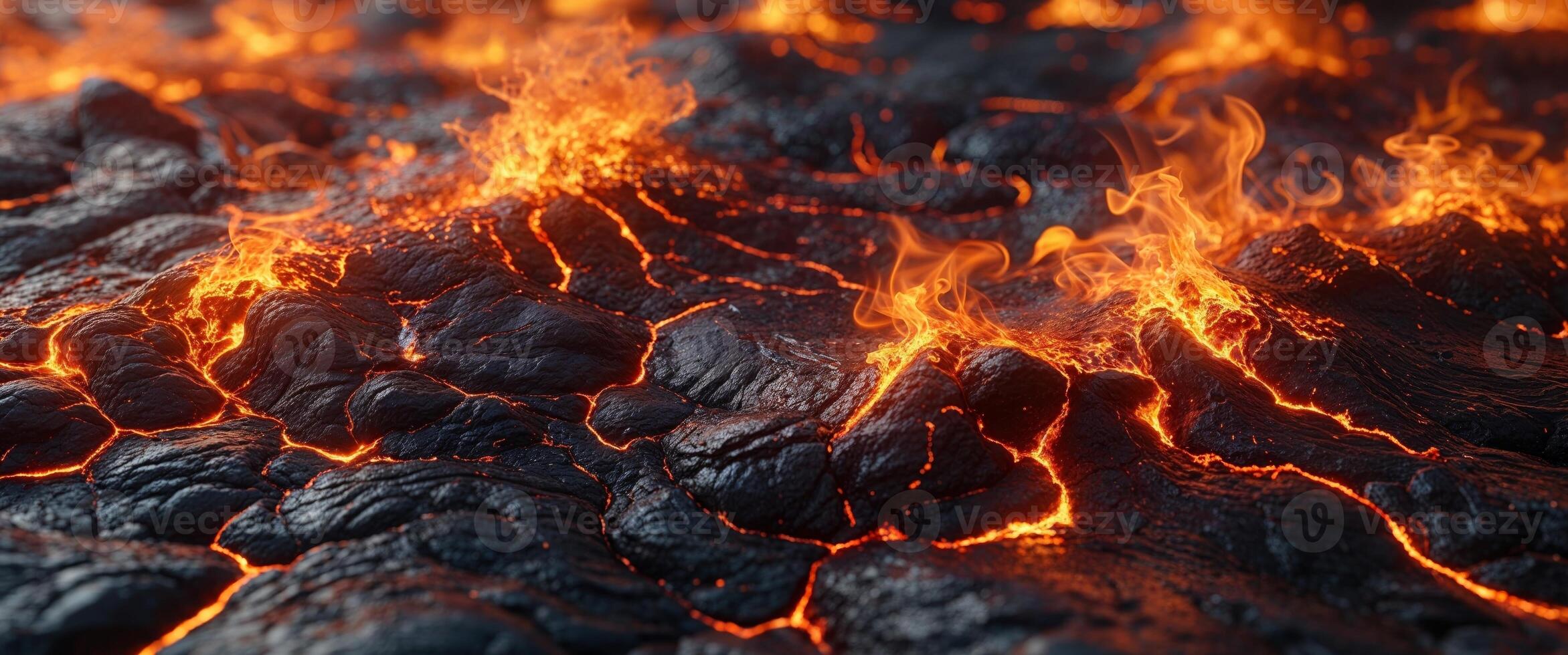 Lava is flowing from the ground and is very hot photo