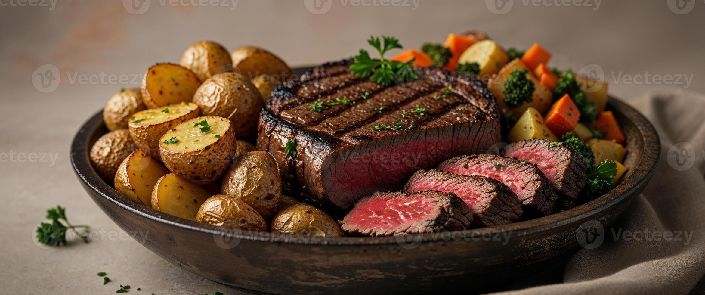 Grilled Steak with Roasted Potatoes and Vegetables in Wooden Bowl photo