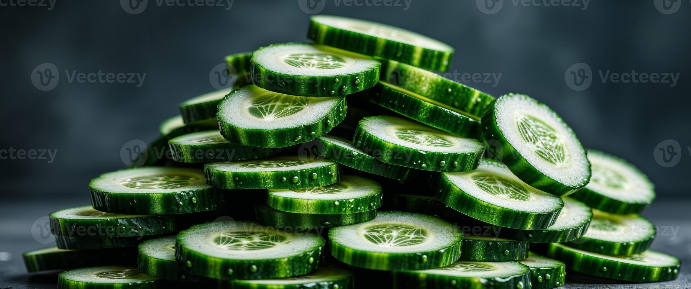 Freshly Sliced Cucumbers Stacked on Dark Background Close up View of Juicy Green Vegetable Slices. photo