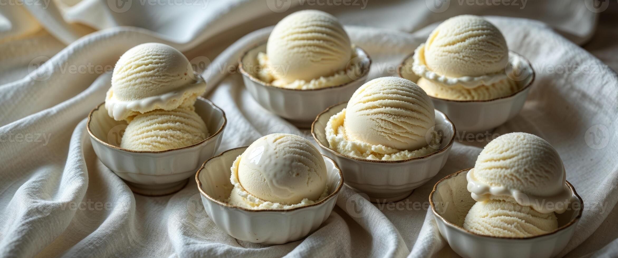 Close up view of several scoops of rich creamy vanilla ice cream served in small bowls ready to be enjoyed as a refreshing indulgent dessert photo