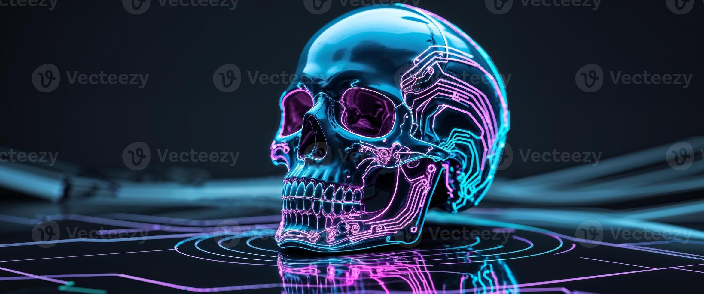 Neon outlined skull with glowing circuitry representing innovation in dental care and technology. photo