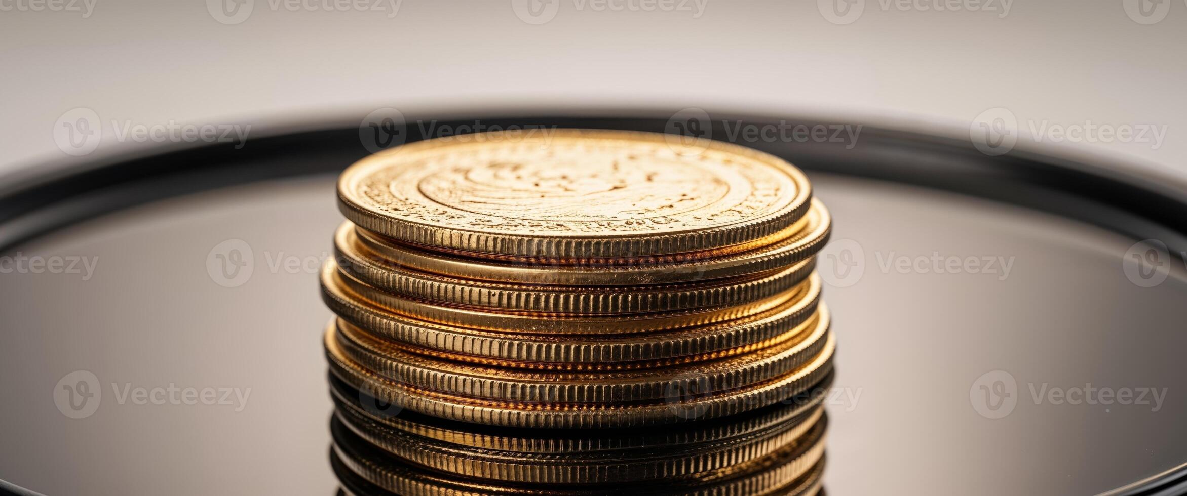 Gold Coins Stack - Neat Stack on Reflective Black Surface photo