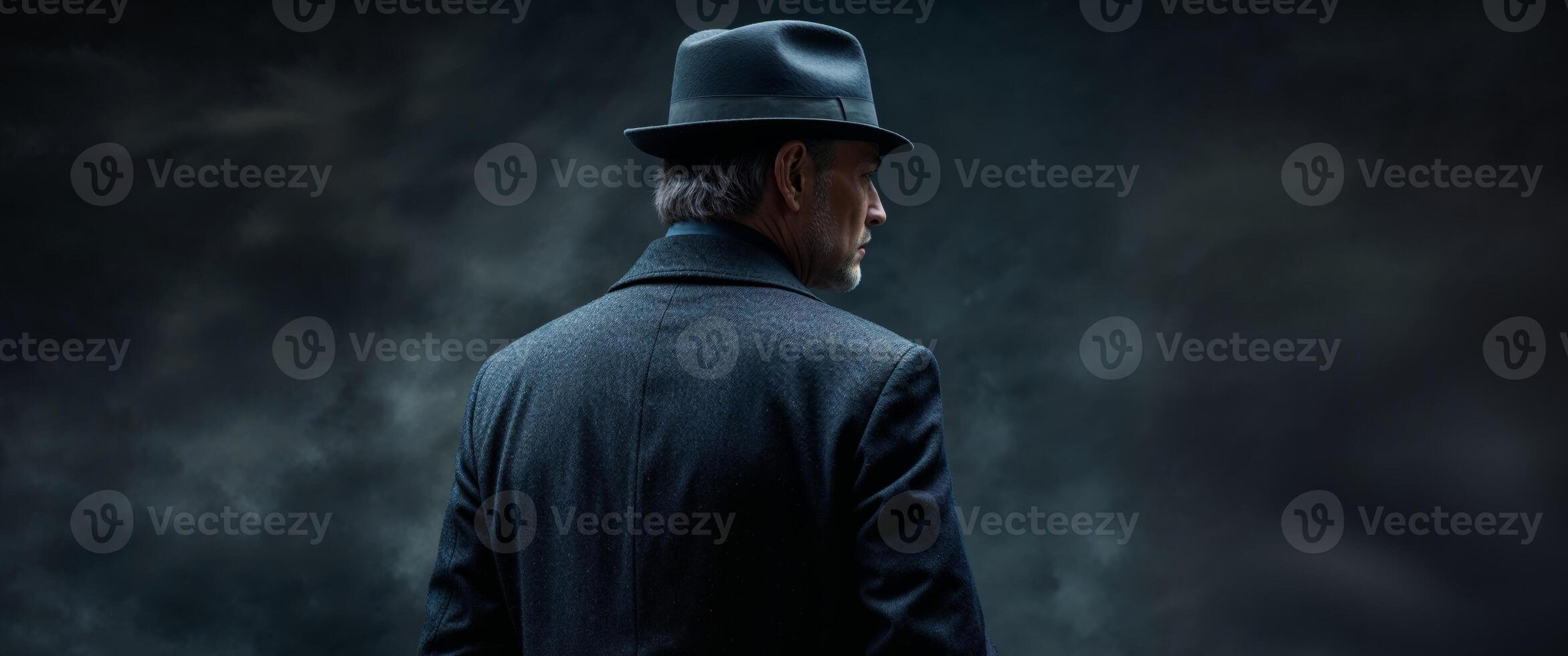 Back view of man in hat and coat with dark moody background photo