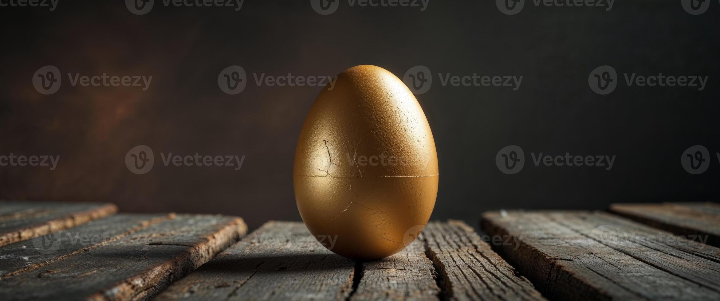A solitary golden egg rests on a weathered wooden surface photo