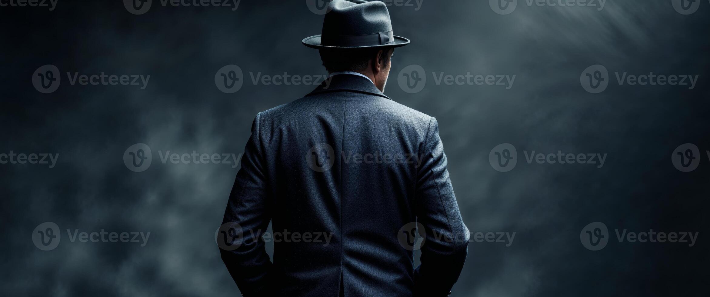 Back view of man in hat and coat with dark moody background. photo