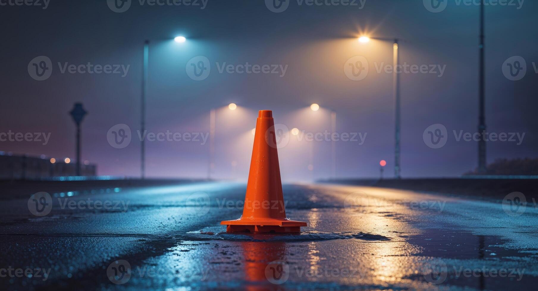 An orange traffic cone sitting on a wet road at night photo