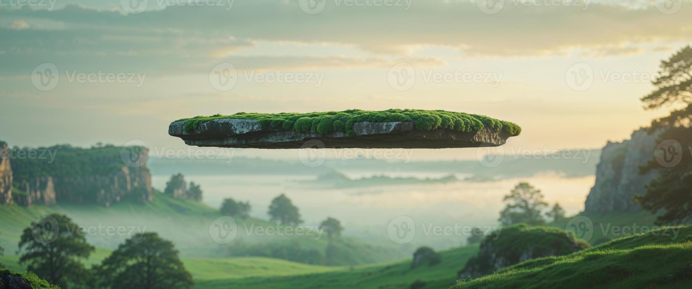 Suspended Mossy Rock Podium Floating Above a Serene Landscape With Lush Trees and Rocky Formations. photo