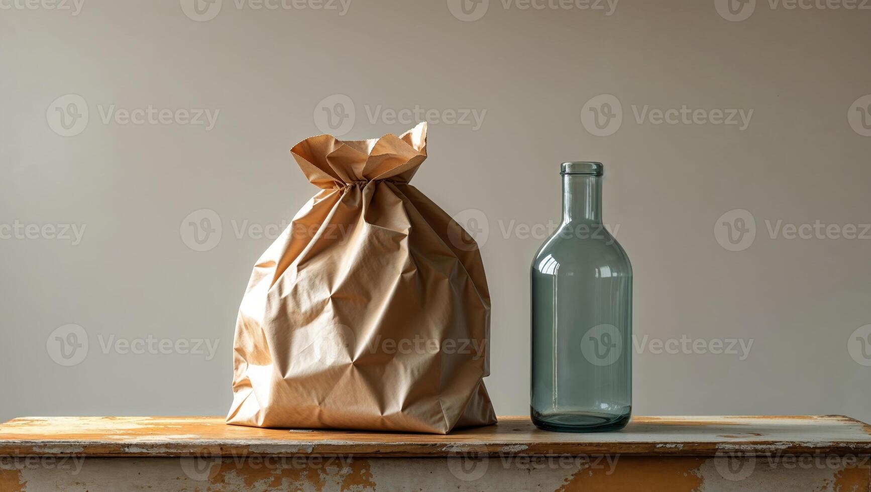 A brown paper bag and a bottle sitting on a table photo