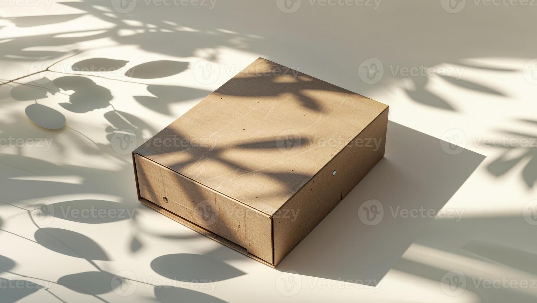 A box sitting on a table with leaves on it photo