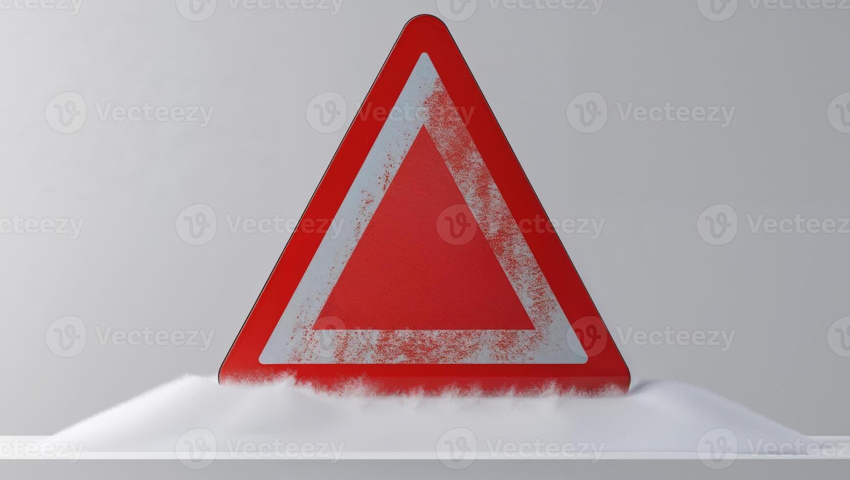 A red and white triangular warning sign in the snow photo
