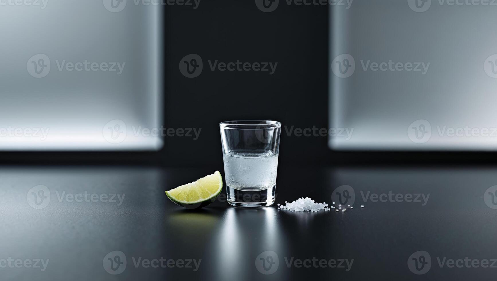 Enjoying a classic tequila shot with lime and salt on a stylish black backdrop photo