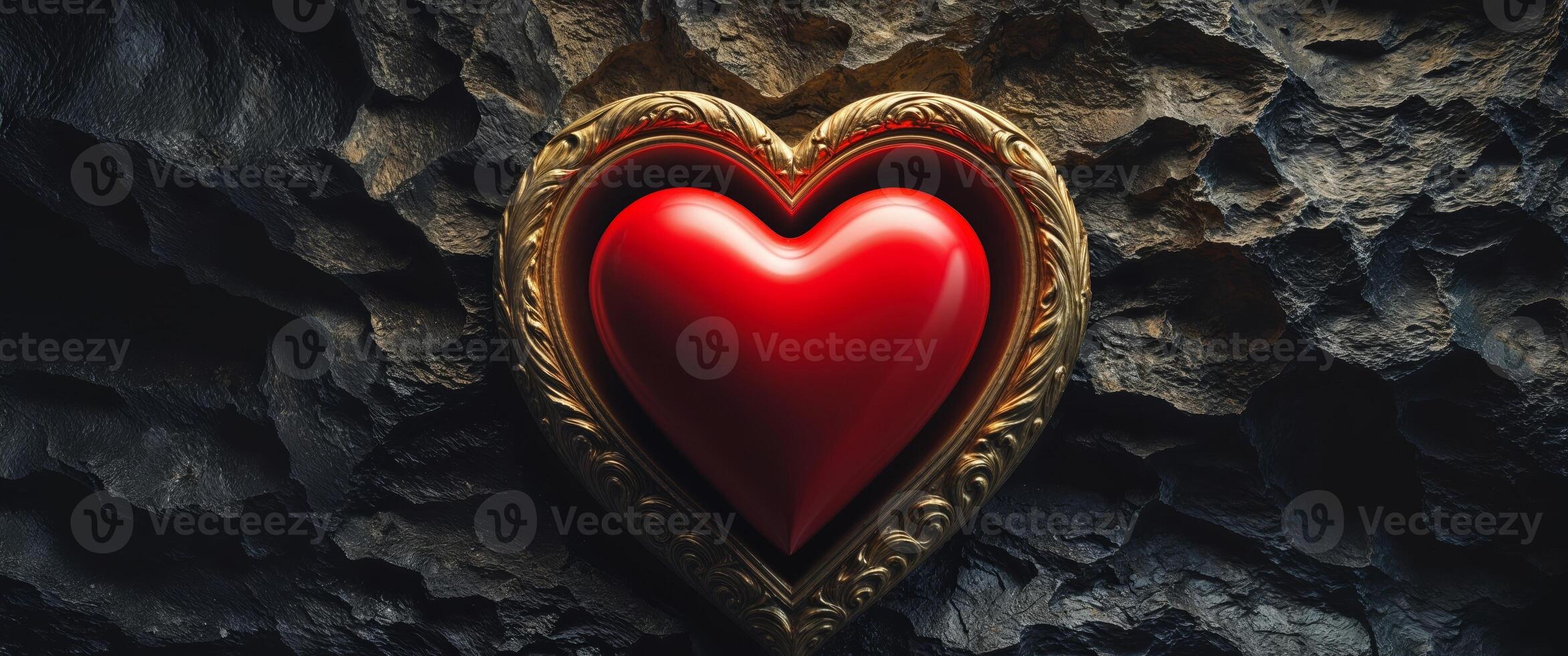 A red heart is placed in a frame on a rock wall photo