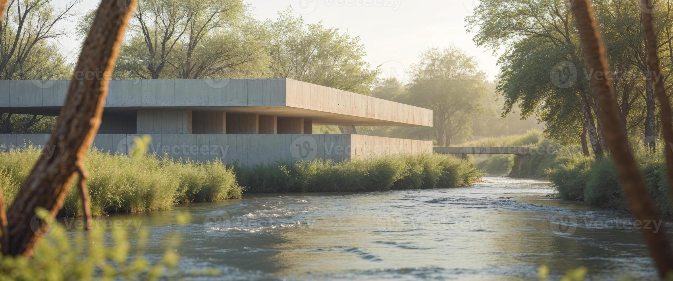 A concrete house sits on a river in the middle of a forest photo