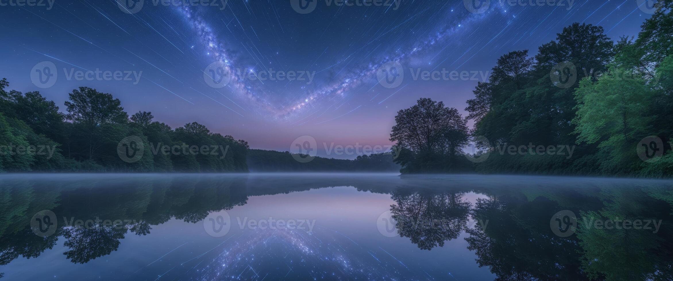 Celestial Constellations Reflected on Calm Lake at Night with Starry Sky photo