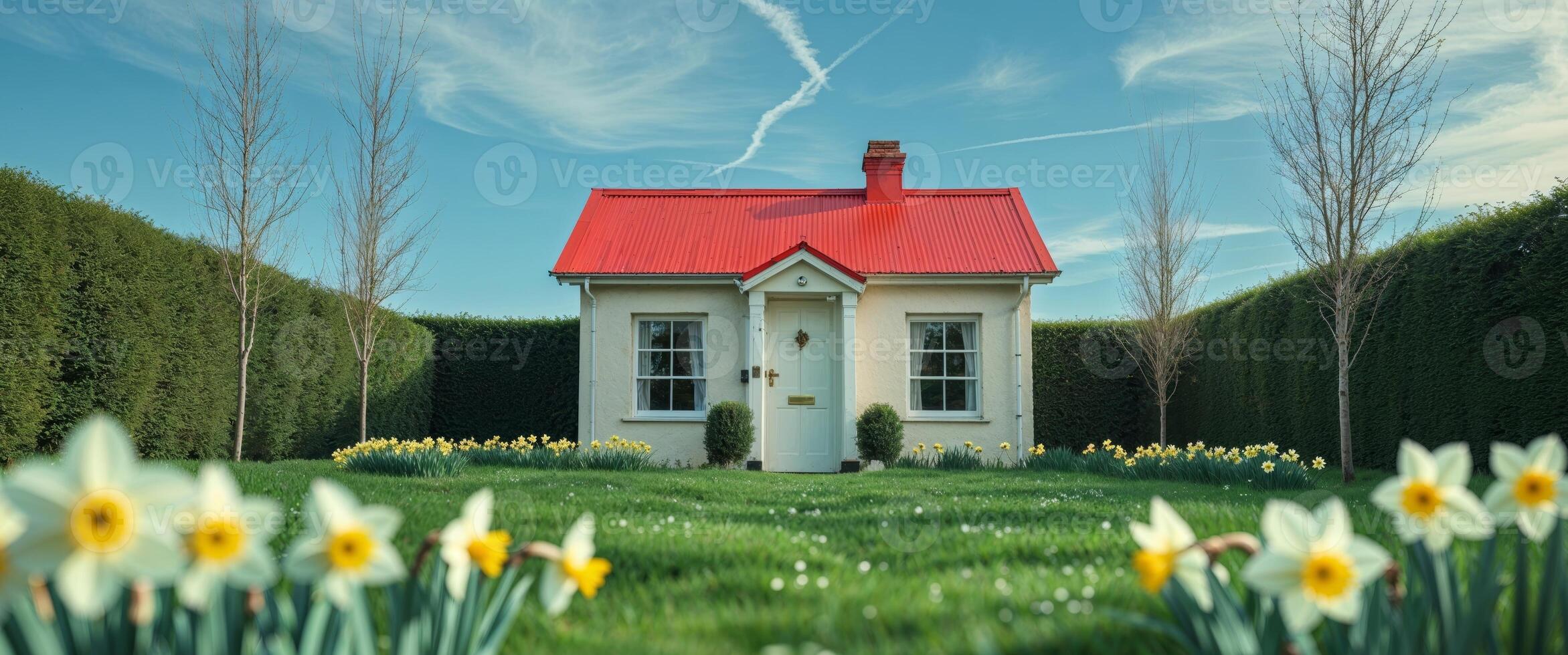 A small house with a red roof and a white door sits in a garden photo