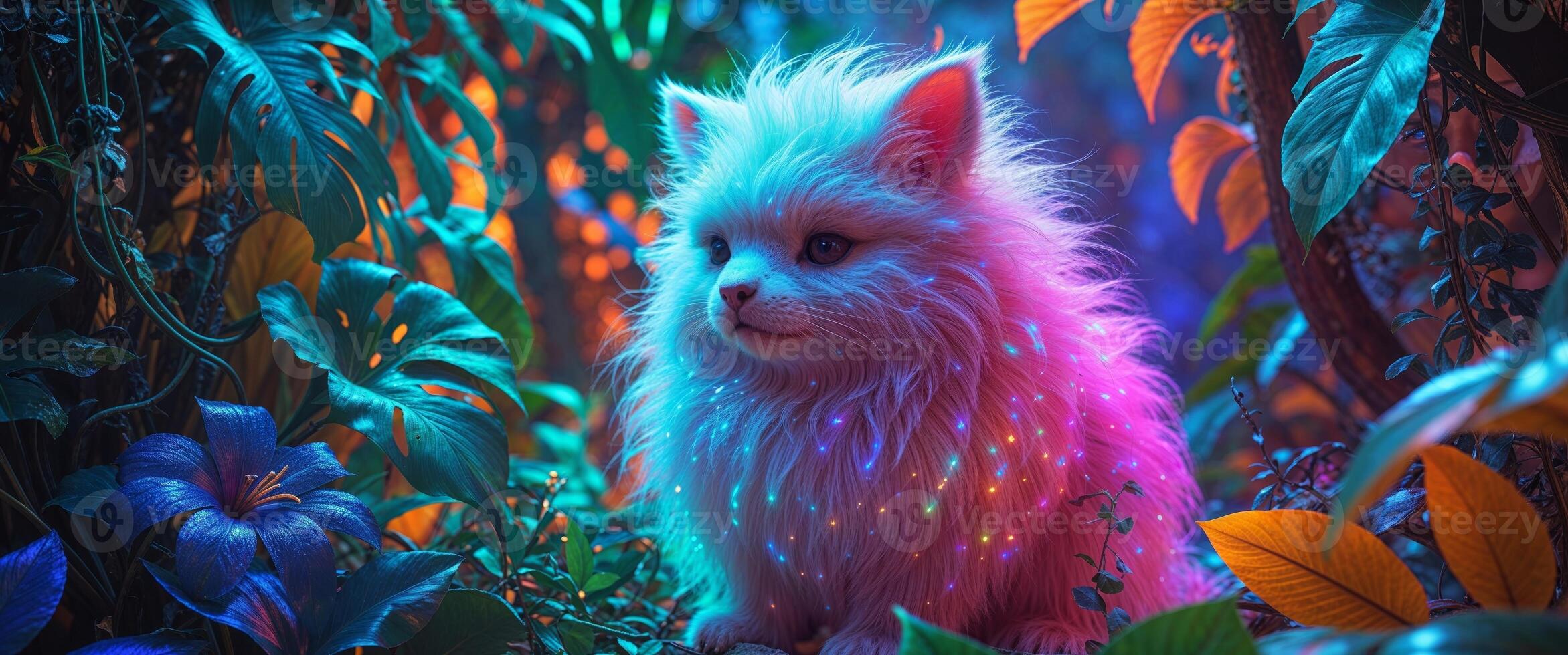 Neon Lit Fluffy Creature in Tropical Foliage Digital Art photo