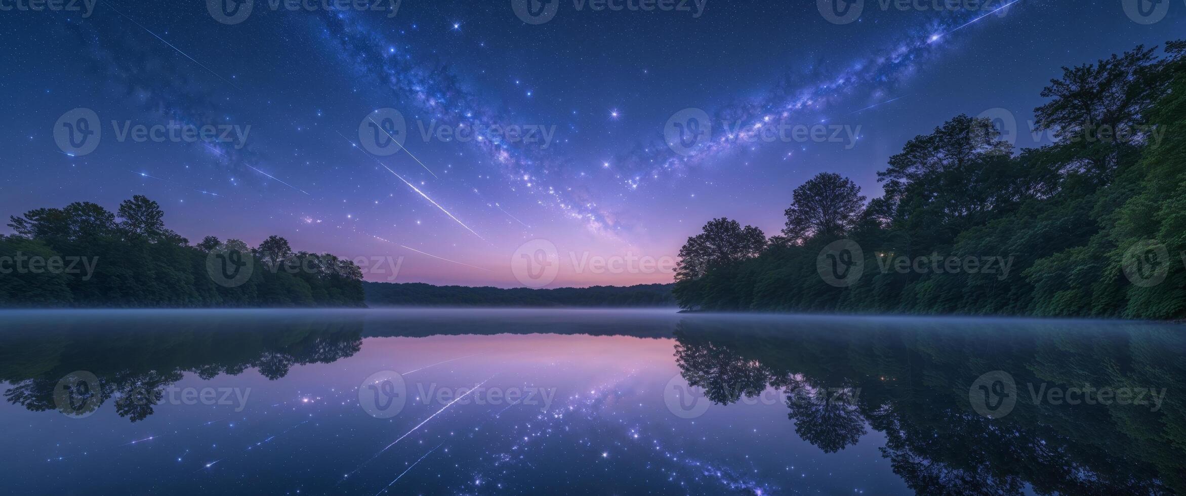 Celestial Constellations Reflected on Calm Lake at Night with Starry Sky. photo