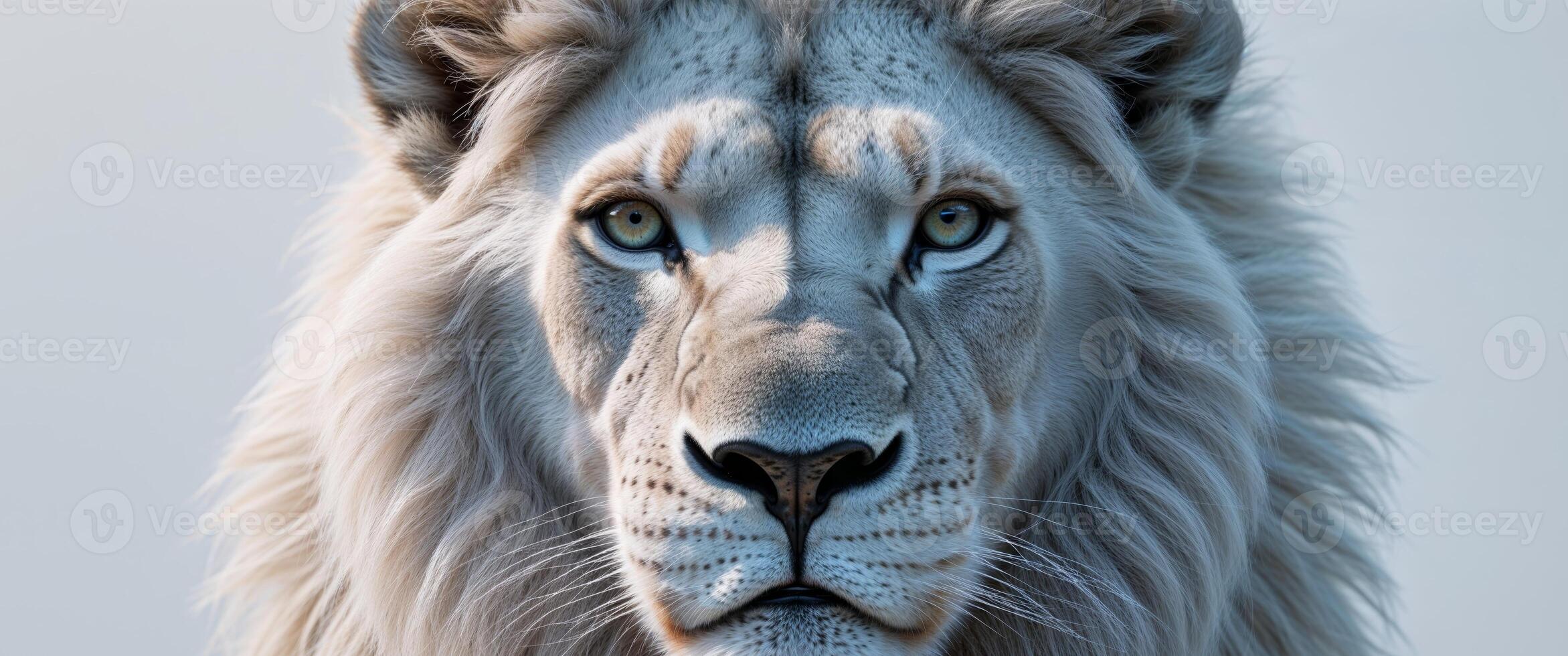 A frosty white lion face stares intensely at the viewer photo