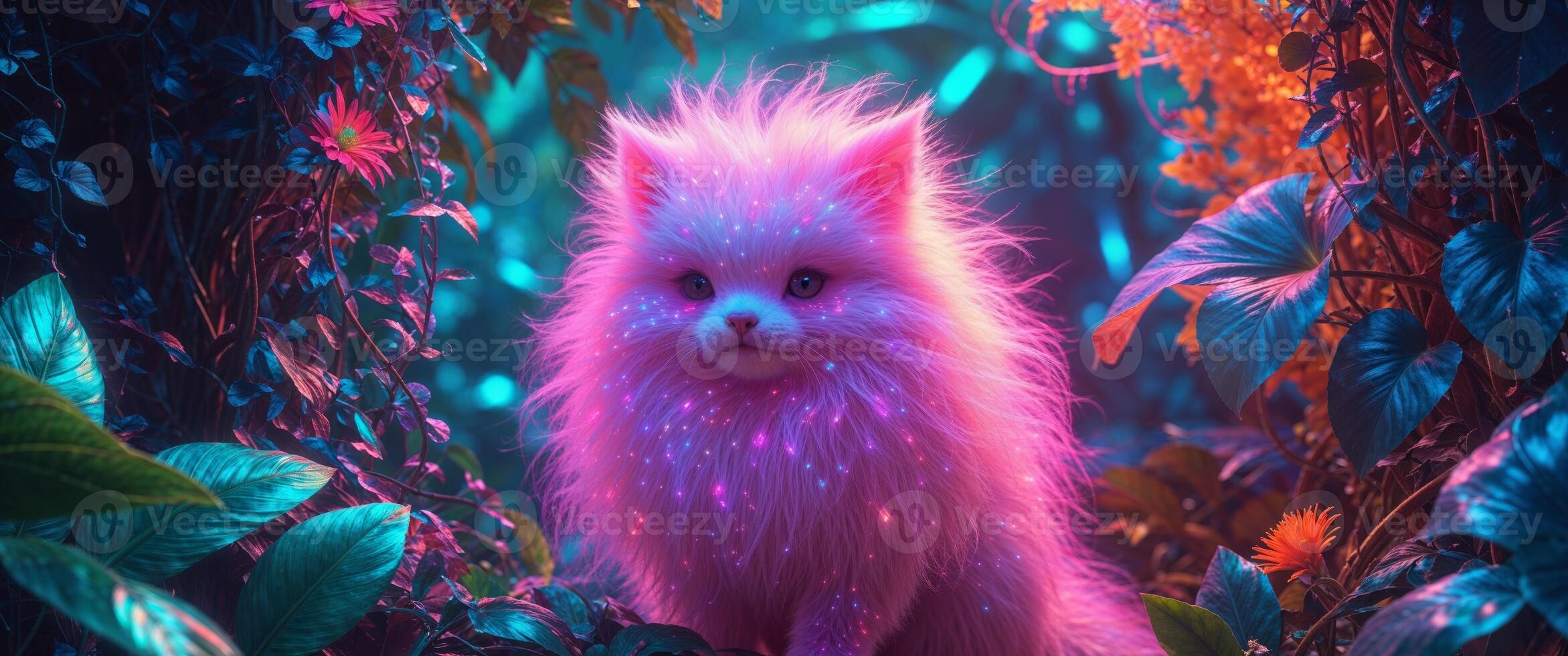 Neon Lit Fluffy Creature in Tropical Foliage Digital Art. photo