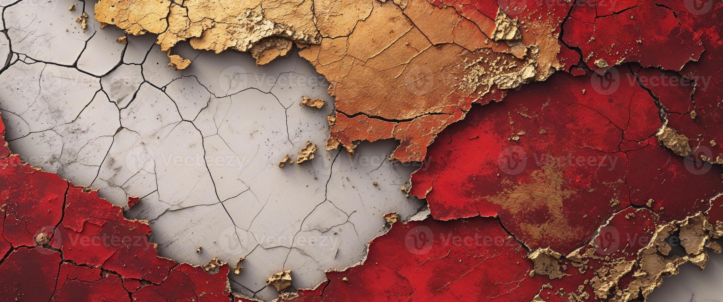 Striking red and gold texture with cracked surface revealing aged layer adding depth and visual interest for creative projects photo