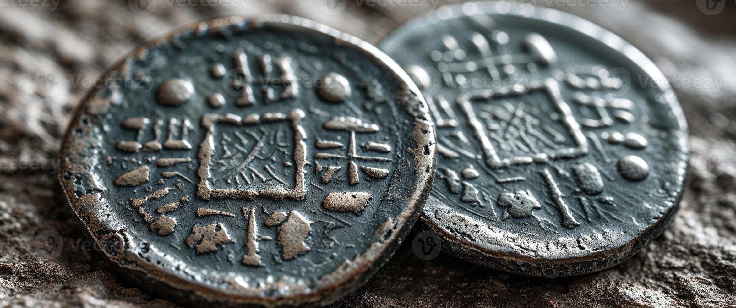Close up of two aged metal coins with etched symbols on a textured surface photo