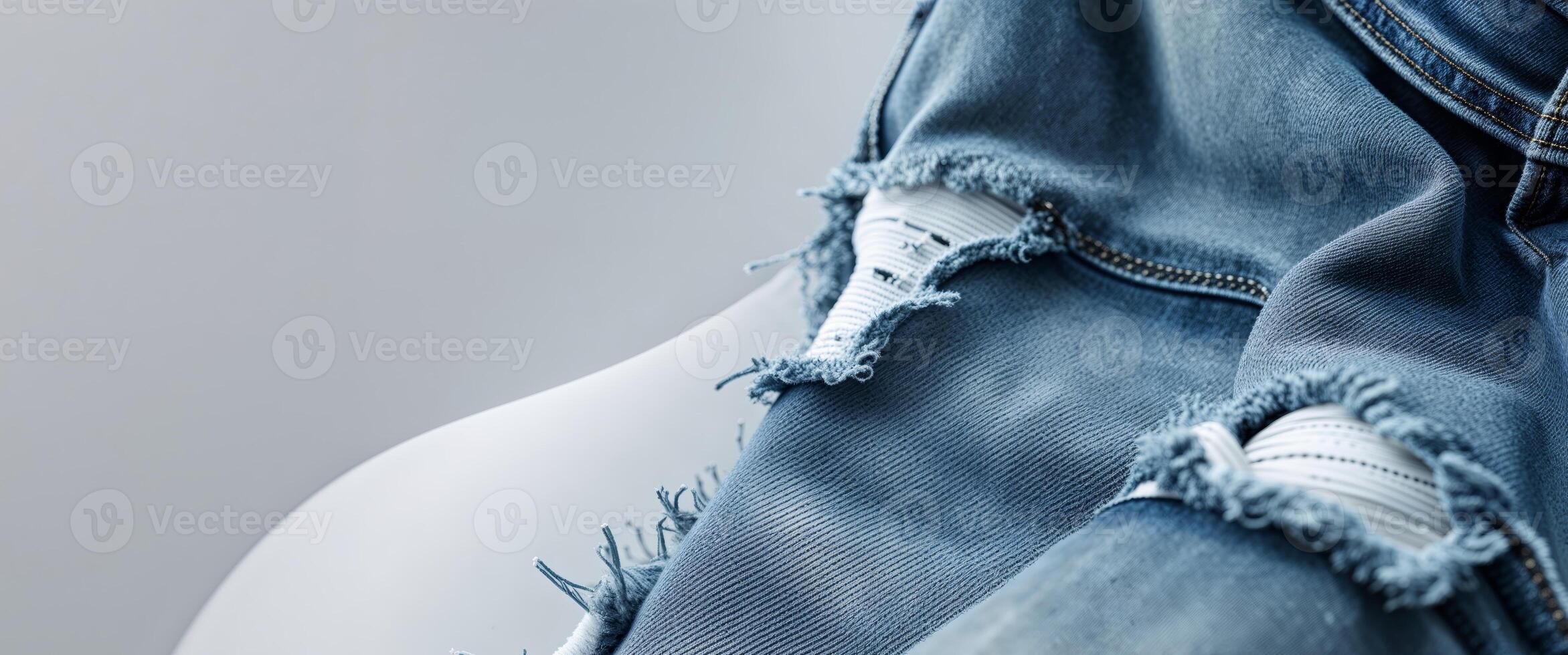 Ripped Denim Jeans Texture Background with Threads and Distressed Look. photo