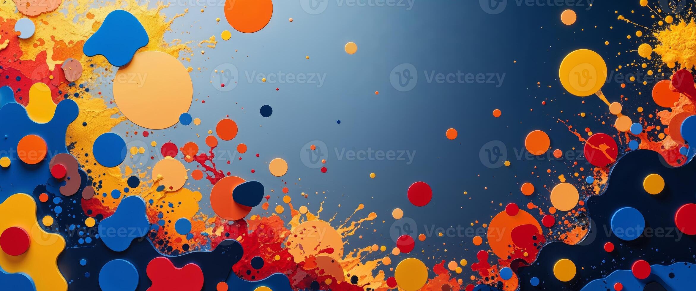 Abstract artwork of varied shapes and colors on a blue background photo