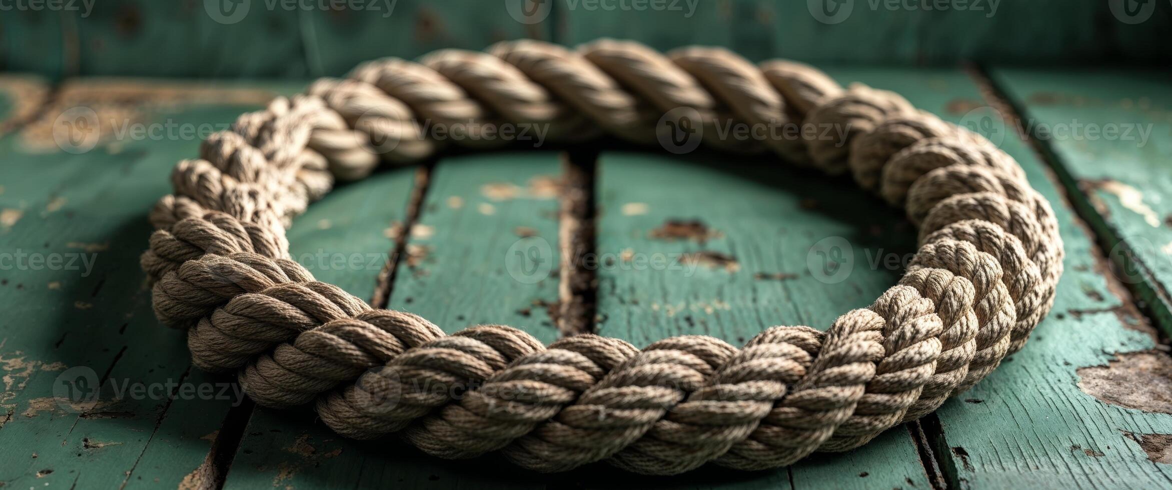A rope is sitting on a wooden table photo