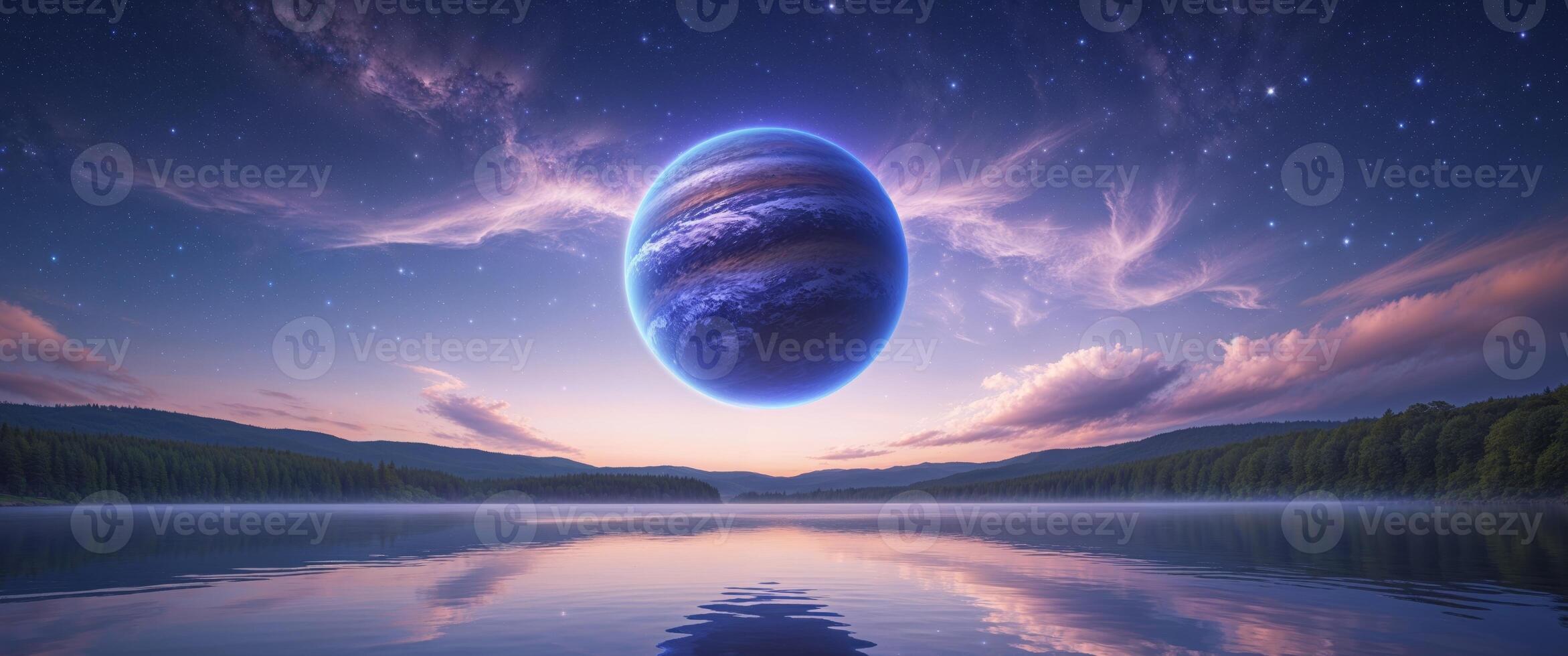 An alien planet floating in the sky over a lake photo