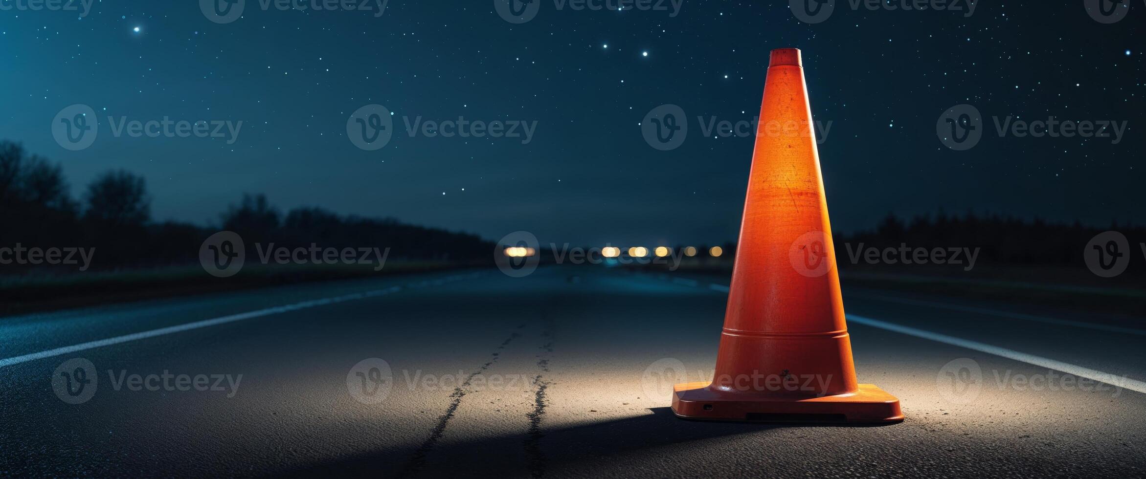A traffic cone stands on an asphalt road at night. photo