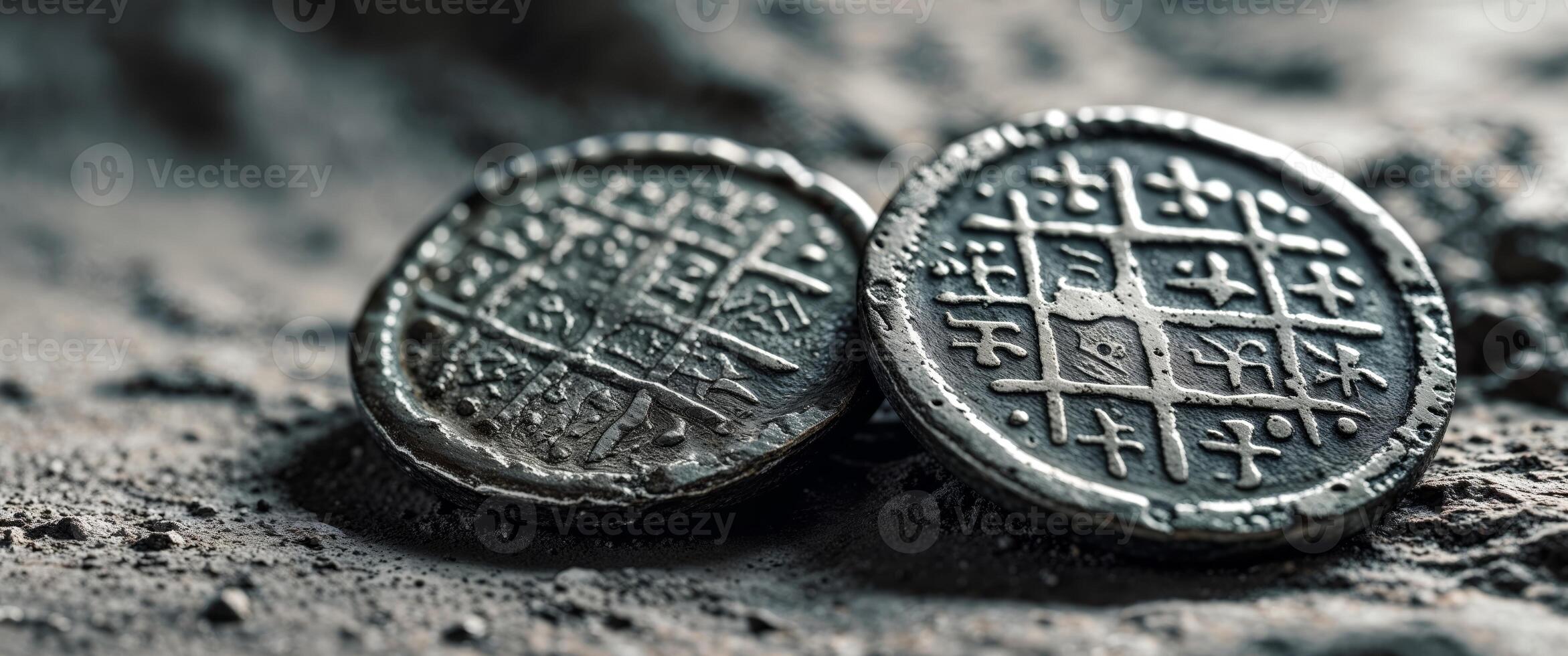 Close up of two aged metal coins with etched symbols on a textured surface. photo