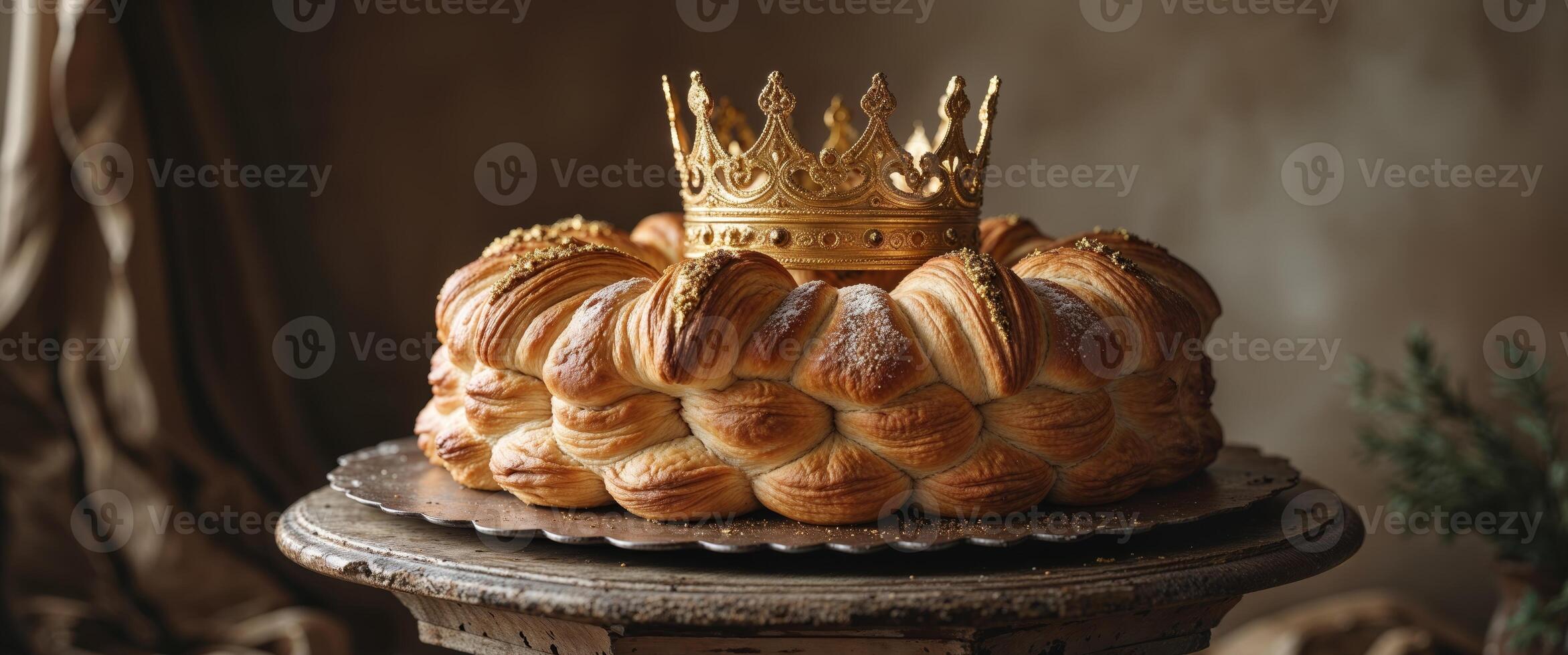 King Cake Puff Pastry Epiphany Dessert with Golden Crown Rustic Still Life. photo