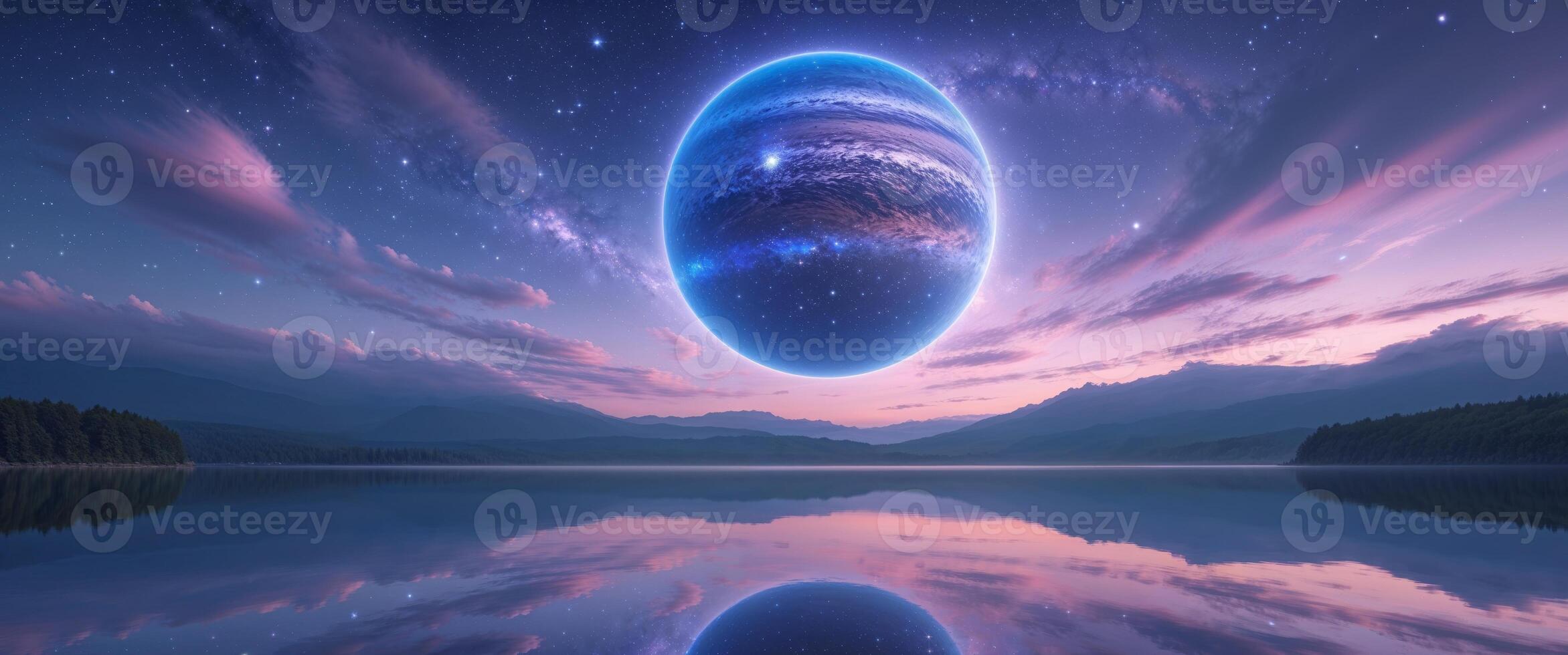 Stunning lake view with a large planet and cosmic sky at twilight. photo