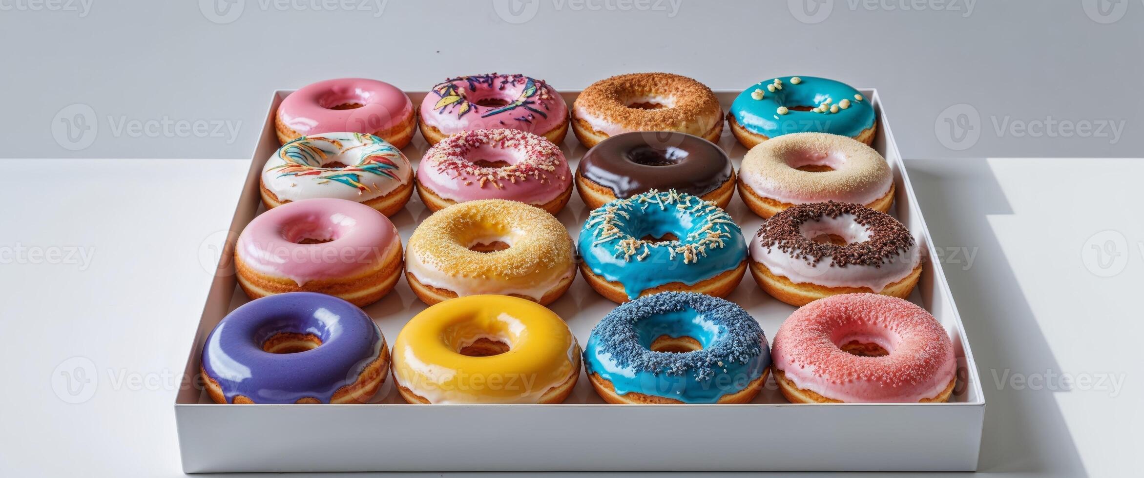 A dozen delicious colorful donuts arranged inside of a box photo